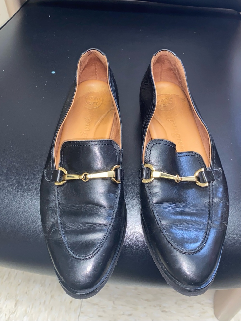Paul Green Black Leather Loafers with Gold Bit Hardware